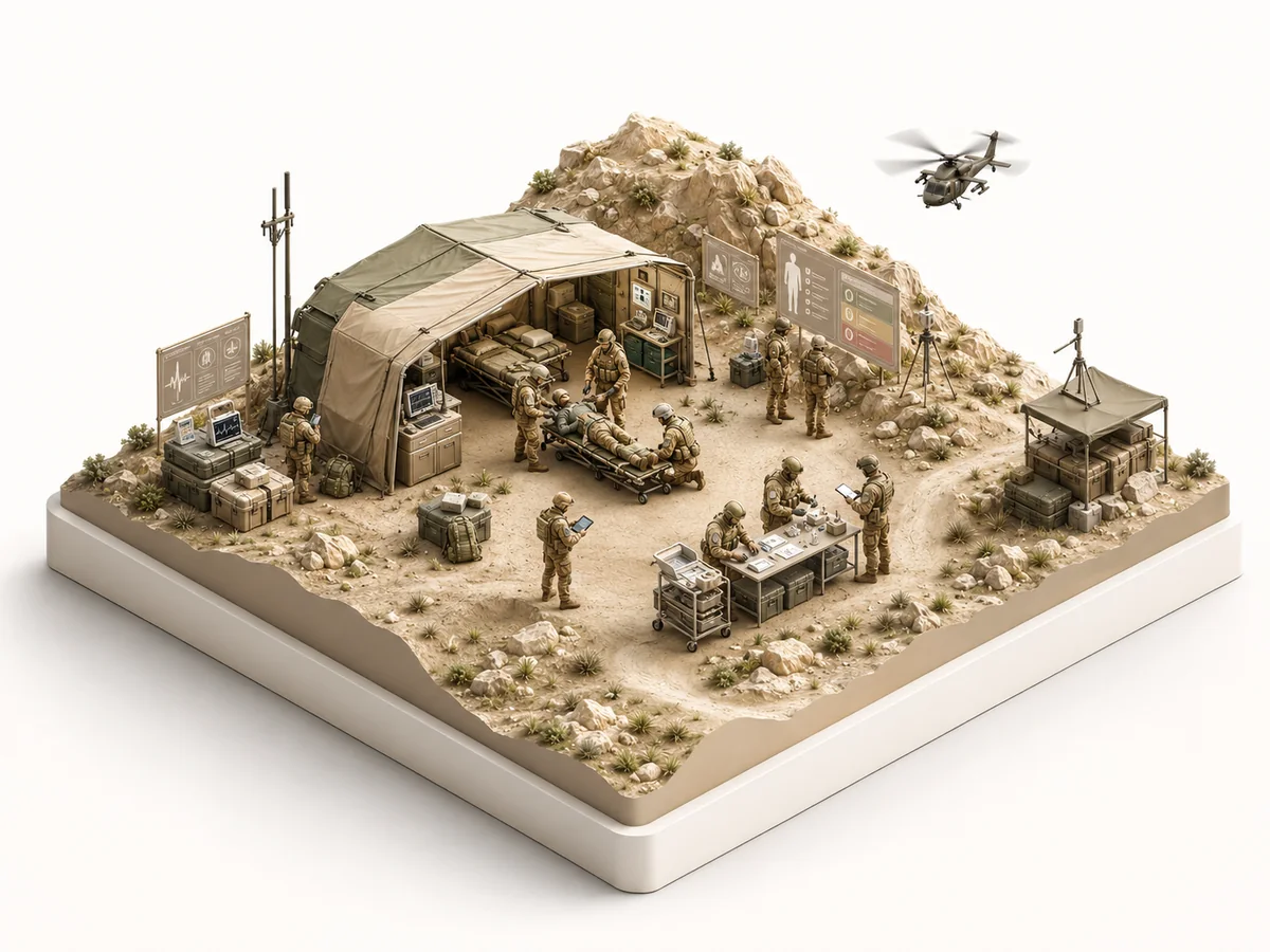 Conceptual illustration representing operational medicine and casualty-care research in an austere environment